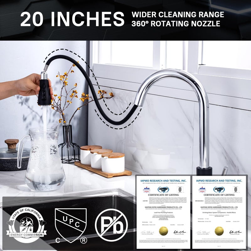 WEWE Kitchen Sink Faucet, Pull Down Kitchen Faucet, Black and Chrome Kitchen Faucet with Sprayer Stainless Steel Single Handle one or Three Hole for Laundry bar Kitchen Sinks - Image 3